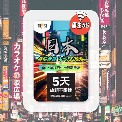 [5G KDDI 原生卡 ] 日本 放題不限速 - 無需漫遊 - 強勁速度 - 本地線路
